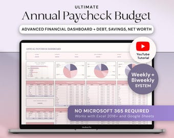 Może przedstawiać: Laptop z panelem finansowym z napisem "Ultimate Annual Paycheck Budget". Ekran wyświetla wykresy i tabele do śledzenia finansów. Obraz zawiera również tekst "Works with Excel 2016+ and Google Sheets".
