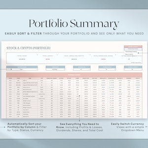 May include: A digital spreadsheet titled "Portfolio Summary" with the text "Stock & Crypto Portfolio." The spreadsheet displays financial data, including gains, losses, and profits. Additional text includes "Easily Sort & Filter" and "See Everything You Need to Know."