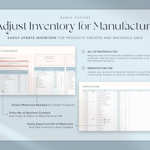 May include: A digital document with the title "Adjust Inventory for Manufacture" and the text "Easily Update Inventory for Products Created and Materials Used." The document includes tables and instructions for managing inventory.