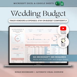May include: A laptop screen displays a wedding budget spreadsheet. The screen shows charts, graphs, and tables with the text "Wedding Budget." Additional text includes "Track Vendors & Expenses. Stay on Budget Confidently." and "No Microsoft 365 Required."