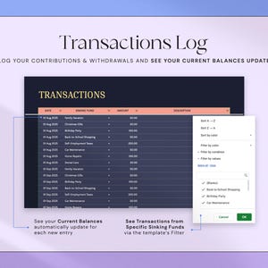 K&ouml;nnte beinhalten: Eine digitale Tabelle mit dem Titel "Transactions Log" mit dunkelblauem Hintergrund und goldenem Text. Die Tabelle zeigt Finanztransaktionen, einschlie&szlig;lich Daten, Fonds und Betr&auml;ge. Ein Filtermen&uuml; ist ge&ouml;ffnet.