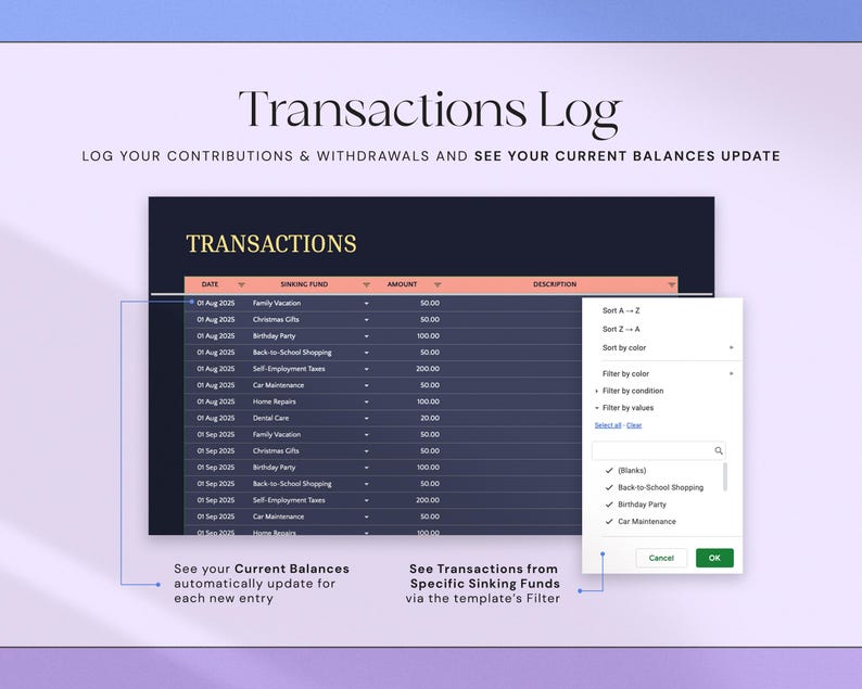 K&ouml;nnte beinhalten: Eine digitale Tabelle mit dem Titel "Transactions Log" mit dunkelblauem Hintergrund und goldenem Text. Die Tabelle zeigt Finanztransaktionen, einschlie&szlig;lich Daten, Fonds und Betr&auml;ge. Ein Filtermen&uuml; ist ge&ouml;ffnet.
