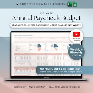 Op de afbeelding: Een laptopscherm toont een financieel dashboard met de titel "Ultimate Annual Paycheck Budget". Het scherm toont grafieken, tabellen en de tekst "Advanced Financial Dashboard + Debt, Savings, Net Worth". Extra tekst is "Works with Excel 2016+ and Google Sheets."