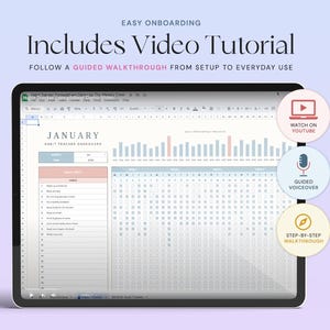 May include: A digital tablet displaying a January habit tracker spreadsheet dashboard with a monthly calendar, habit list, and progress charts. Text includes Includes Video Tutorial, Watch on YouTube, Guided Voiceover, and Step-by-Step Walkthrough.
