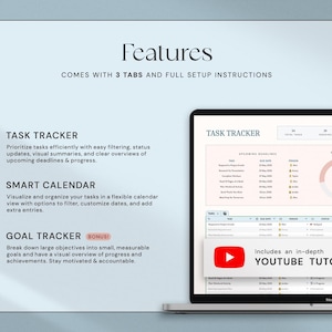 K&ouml;nnte beinhalten: Ein Laptop-Bildschirm zeigt eine Task-Tracker-Oberfl&auml;che mit bevorstehenden Fristen und Fortschrittsvisualisierung. Der Bildschirm zeigt auch einen intelligenten Kalender und einen Ziel-Tracker. Der Text "Features" ist enthalten.