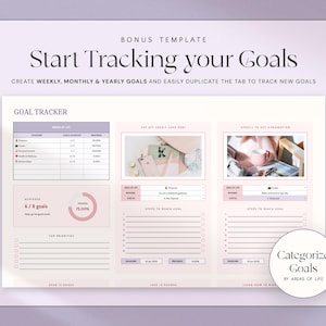 Puede incluir: Una plantilla digital de seguimiento de objetivos con el texto "Start Tracking your Goals". La plantilla incluye secciones para objetivos semanales, mensuales y anuales, con un seguimiento del progreso y categor&iacute;as de &aacute;reas de la vida. El dise&ntilde;o es en rosa p&aacute;lido y blanco.
