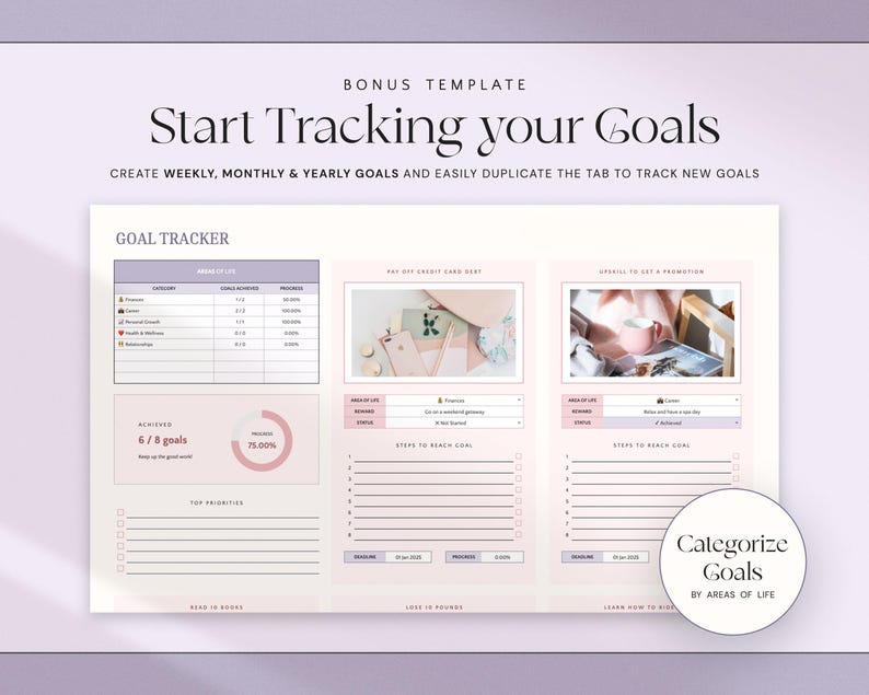 Puede incluir: Una plantilla digital de seguimiento de objetivos con el texto "Start Tracking your Goals". La plantilla incluye secciones para objetivos semanales, mensuales y anuales, con un seguimiento del progreso y categor&iacute;as de &aacute;reas de la vida. El dise&ntilde;o es en rosa p&aacute;lido y blanco.