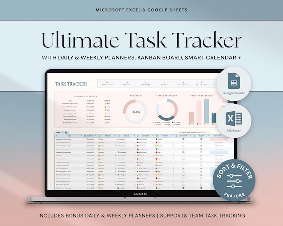 Task Tracker Spreadsheet Google Sheets Excel To Do List Template Task Manager Time Blocking Eisenhower Matrix Kanban Board Work Productivity