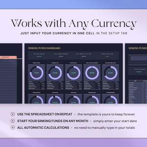 K&ouml;nnte beinhalten: Eine digitale Tabellenvorlage mit einem dunkelblauen und violetten Farbschema. Der Text "Works with Any Currency" steht oben. Die Tabelle enth&auml;lt Diagramme und Tabellen zur Finanzverfolgung. Der Text "Sinking Funds Dashboard" und "Sinking Funds Setup" sind sichtbar.