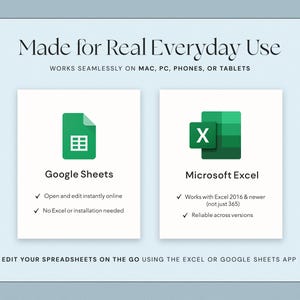 May include: A light blue graphic with the text "Made for Real Everyday Use" and two green icons for Google Sheets and Microsoft Excel. The image highlights the apps' compatibility with various devices.