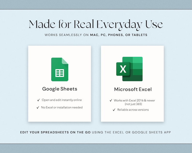 May include: A light blue graphic with the text "Made for Real Everyday Use" and two green icons for Google Sheets and Microsoft Excel. The image highlights the apps' compatibility with various devices.