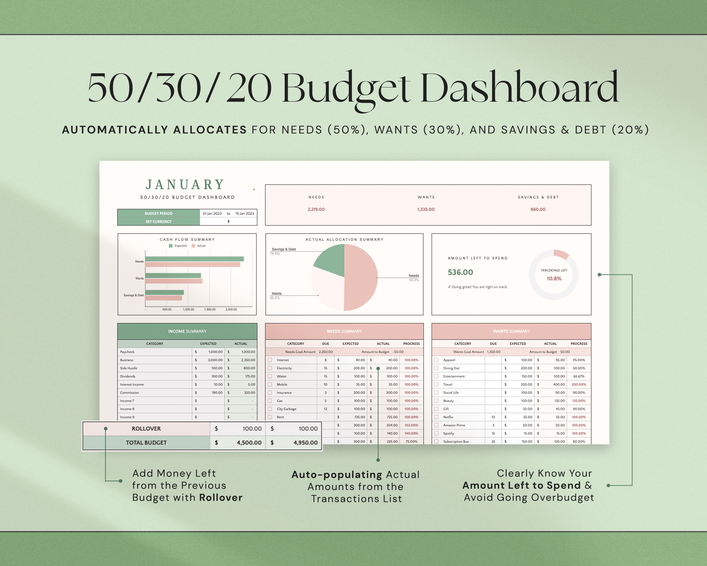 50/30/20 Monthly Budget Spreadsheet Excel Budget Planner Google Sheets ...