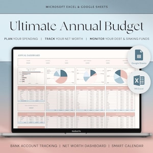 Budget annuale in Excel, modello di budget annuale in Google Fogli, pianificatore finanziario, strumento di monitoraggio del patrimonio netto, dashboard del budget mensile, budget Excel