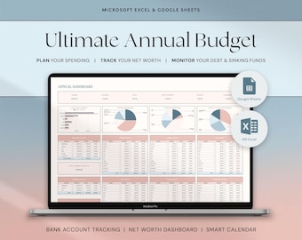 Excel Annual Budget Google Sheets Yearly Budget Template Financial Planner Net Worth Tracker Monthly Budget Dashboard, Budgeting Excel