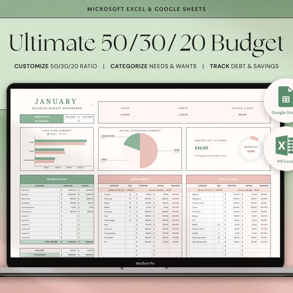 Feuille de calcul budgétaire 50/30/20 Excel Google Sheets Planificateur budgétaire mensuel Finances Modèle de budget 70/20/10 Suivi des économies budgétaires hebdomadaires