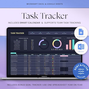 May include: A laptop screen showing a task tracker interface with data visualisation. The screen has a dark theme with sections for deadlines, progress, and status. Includes Google Sheets and MS Excel integration. Text on the screen reads "Task Tracker".