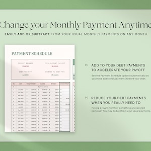 May include: A financial planning document with the title "Change your Monthly Payment Anytime." The document includes a payment schedule, current balance, and debt-free date. Text on the right explains how to add or reduce debt payments.