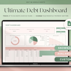 Debt Payoff Tracker Debt Snowball Avalanche Calculator for Google Sheets | Debt Free Planner Loan Tracker Credit Card Payoff Custom Chart