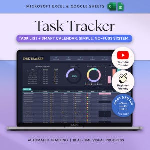 May include: A laptop displaying a "Task Tracker" interface, with a task list, calendar, and progress indicators. The screen shows the text "Task Tracker" and "Task List + Smart Calendar. Simple, No-Fuss System." Additional circular icons indicate a YouTube tutorial, beginner-friendly features, and a sort & filter feature.