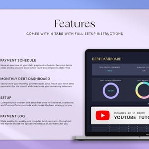 May include: A laptop screen displays a debt dashboard with charts and data. The screen shows a YouTube tutorial. The text reads "Features" and "Comes with 4 tabs with full setup instructions". The laptop is on a purple and white background.