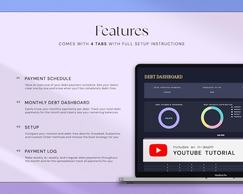 May include: A laptop screen displays a debt dashboard with charts and data. The screen shows a YouTube tutorial. The text reads "Features" and "Comes with 4 tabs with full setup instructions". The laptop is on a purple and white background.
