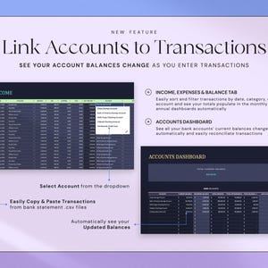 May include: A digital interface with the text "Link Accounts to Transactions." The interface displays financial data, including income, expenses, and account balances. Features include sorting transactions, and an accounts dashboard. The interface is on a purple background.