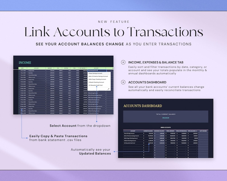 May include: A digital interface with the text "Link Accounts to Transactions." The interface displays financial data, including income, expenses, and account balances. Features include sorting transactions, and an accounts dashboard. The interface is on a purple background.