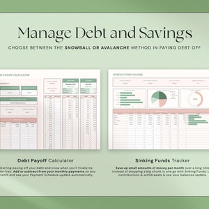Op de afbeelding: Een digitale sjabloon voor financi&euml;le planning met de tekst "Manage Debt and Savings". De afbeelding toont twee spreadsheets: een calculator voor het aflossen van schulden en een tracker voor afschrijvingsfondsen. De calculator helpt gebruikers bij het bijhouden van schuldbetalingen, terwijl de tracker helpt geld te besparen.