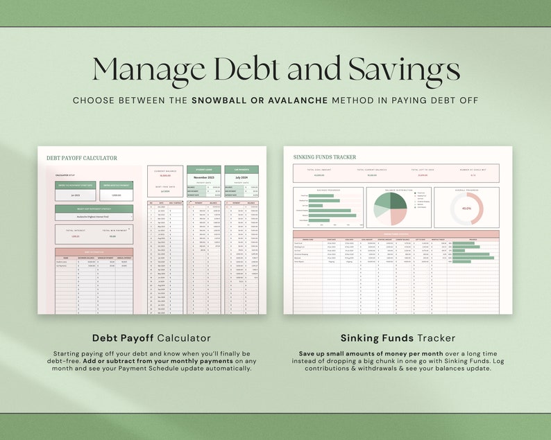 Op de afbeelding: Een digitale sjabloon voor financi&euml;le planning met de tekst "Manage Debt and Savings". De afbeelding toont twee spreadsheets: een calculator voor het aflossen van schulden en een tracker voor afschrijvingsfondsen. De calculator helpt gebruikers bij het bijhouden van schuldbetalingen, terwijl de tracker helpt geld te besparen.