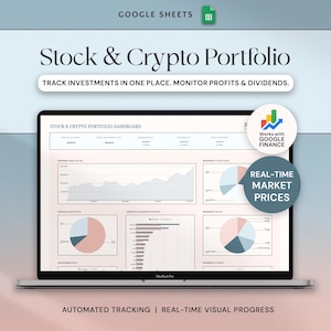 Op de afbeelding: Een MacBook Pro met een dashboard voor aandelen- en cryptoportfolio's. Het scherm toont grafieken met de tekst "Stock & Crypto Portfolio" en "Track investments in one place. Monitor profits & dividends." Extra tekst omvat "Works with Google Finance" en "Real-time market prices."