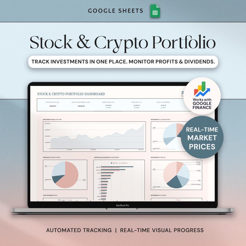 May include: A MacBook Pro displaying a stock and crypto portfolio dashboard. The screen shows charts and graphs with the text "Stock & Crypto Portfolio" and "Track investments in one place. Monitor profits & dividends." Additional text includes "Works with Google Finance" and "Real-time market prices."