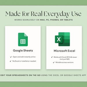 Może przedstawiać: Grafika z tekstem "Made for Real Everyday Use" oraz informacjami o Google Sheets i Microsoft Excel. Sekcja Google Sheets zawiera zieloną ikonę i tekst "Open and edit instantly online". Sekcja Microsoft Excel zawiera zieloną ikonę i tekst "Works with Excel 2016 & newer".