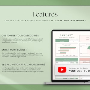 May include: A laptop screen displays a budgeting spreadsheet with charts and tables. The screen shows the word "January" and a dashboard with categories for needs, wants, debt, and savings. The image also includes the text "Features" and "Includes an in-depth YouTube tutorial."