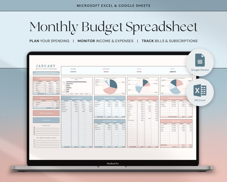 Monthly Budget Spreadsheet Excel Google Sheets Budget Dashboard, Finance Dashboard Tracker Excel Spreadsheet, Personal Budget Planner Sheet 