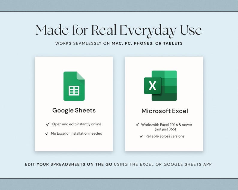 Puede incluir: Gr&aacute;fico azul claro con el texto "Made for Real Everyday Use" y dos iconos verdes para Google Sheets y Microsoft Excel. La imagen destaca la compatibilidad de las aplicaciones.