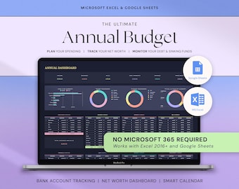 Hoja de cálculo de presupuesto anual definitivo, Hojas de cálculo de Google, Plantilla de presupuesto de Excel, Planificador de presupuesto mensual, Seguimiento de presupuesto familiar semanal y anual, Modo oscuro