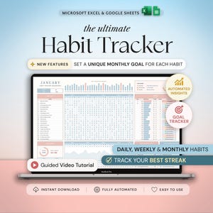May include: A digital habit tracker spreadsheet displayed on a laptop screen, featuring sections for January, daily habits, goal tracking, and automated insights. The interface includes text labels for daily, weekly, and monthly habits, plus a video tutorial.