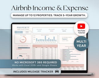 Pode incluir: Um ecrã de computador portátil mostra uma folha de cálculo "Airbnb Income & Expense". A folha de cálculo inclui gráficos e tabelas para o acompanhamento de receitas, despesas e desempenho da propriedade. O texto inclui "Gerir até 12 propriedades" e "Inclui Mileage Tracker".