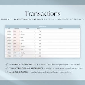 Op de afbeelding: Een digitale spreadsheet met de titel "Transacties" met een lichtblauwe achtergrond. De spreadsheet toont een tabel met kolommen voor datum, transactie, categorie, bedrag en beschrijving. Tekst bevat "Voer alle transacties op &eacute;&eacute;n plek in en laat de spreadsheet de berekening doen."