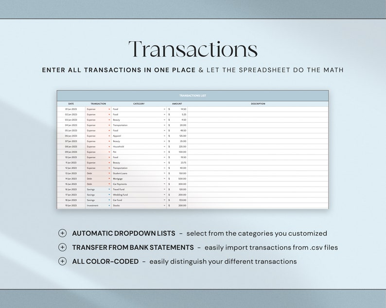 Op de afbeelding: Een digitale spreadsheet met de titel "Transacties" met een lichtblauwe achtergrond. De spreadsheet toont een tabel met kolommen voor datum, transactie, categorie, bedrag en beschrijving. Tekst bevat "Voer alle transacties op &eacute;&eacute;n plek in en laat de spreadsheet de berekening doen."