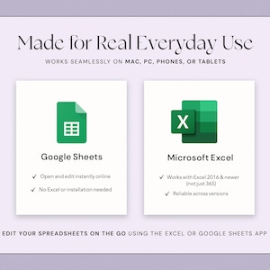 Puede incluir: Gr&aacute;fico lila claro con el texto "Made for Real Everyday Use" y dos im&aacute;genes rectangulares. La primera imagen muestra el logotipo de Google Sheets y la segunda el logotipo de Microsoft Excel. El texto de abajo dice "Edite sus hojas de c&aacute;lculo sobre la marcha usando la aplicaci&oacute;n Excel o Google Sheets."