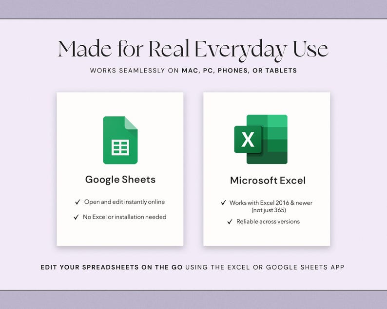 Puede incluir: Gr&aacute;fico lila claro con el texto "Made for Real Everyday Use" y dos im&aacute;genes rectangulares. La primera imagen muestra el logotipo de Google Sheets y la segunda el logotipo de Microsoft Excel. El texto de abajo dice "Edite sus hojas de c&aacute;lculo sobre la marcha usando la aplicaci&oacute;n Excel o Google Sheets."