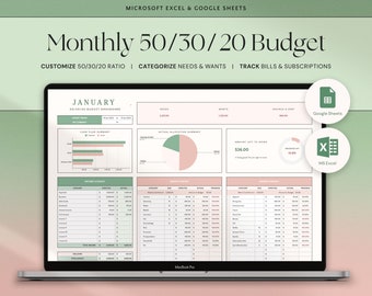 50/30/20 Monthly Budget Spreadsheet Excel Budget Planner Google Sheets Budget Template Excel Finance Tracker 70/20/10 Digital Budget Planner