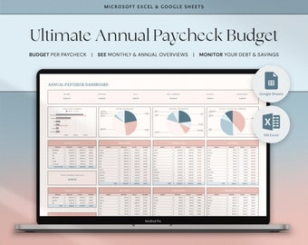 Feuille de calcul du budget du chèque de paie annuel, budget hebdomadaire Excel Google Sheets Planificateur de budget bihebdomadaire par chèque de paie Modèle de budgétisation des finances annuelles