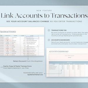 May include: A digital financial planning interface with the text "Link Accounts to Transactions." The interface shows a transactions table, an account selection dropdown, and an accounts dashboard. The interface allows users to copy and paste transactions from .csv files.