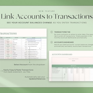 Op de afbeelding: Een digitale financi&euml;le planningsinterface met de tekst "Accounts koppelen aan transacties". De interface toont een transactietabel, een accounts dashboard en instructies voor het koppelen van accounts.