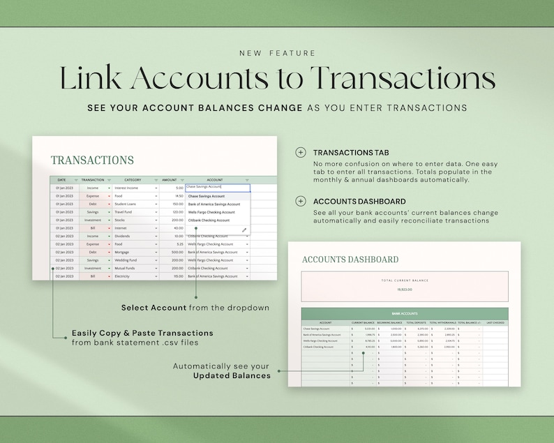 Op de afbeelding: Een digitale financi&euml;le planningsinterface met de tekst "Accounts koppelen aan transacties". De interface toont een transactietabel, een accounts dashboard en instructies voor het koppelen van accounts.