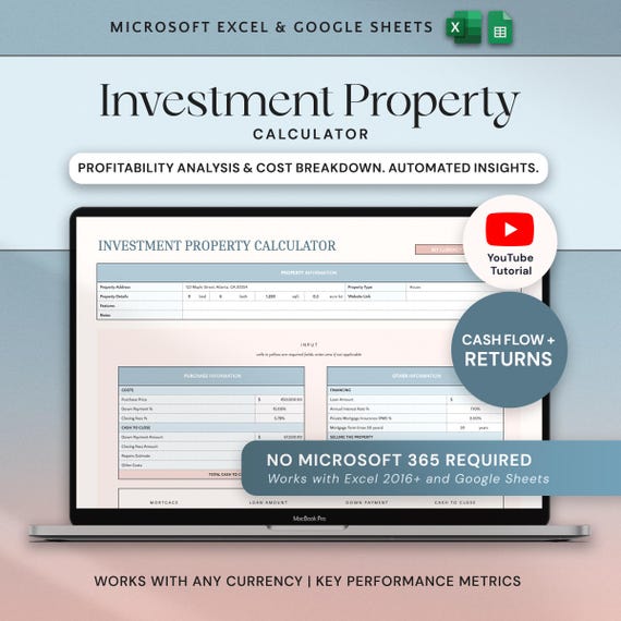 Rental Property Calculator Spreadsheet Investment Property Analysis Mortgage Calculator Airbnb Real Estate Excel Google Sheets ROI Cap Rate