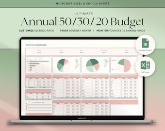 Pianificatore del budget annuale 50/30/20 Foglio di calcolo del budget mensile Modello Excel Fogli Google Tracker del budget annuale 70/20/10 Pianificatore del budget digitale