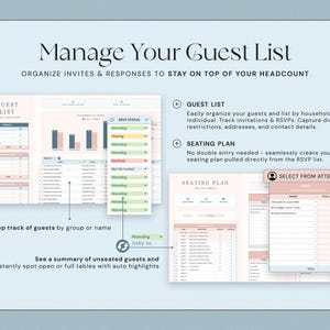 May include: A digital interface for managing a guest list, with the title "Manage Your Guest List." The interface includes sections for guest lists, RSVP status, and seating plans. Text includes "Keep track of guests" and "See a summary of unseated guests."